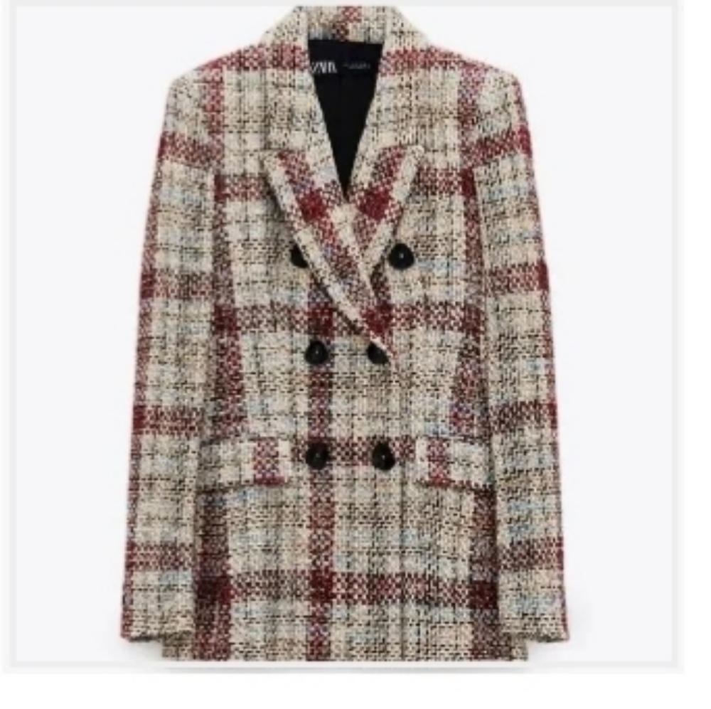 Zara Women's Red and Cream Plaid Blazer